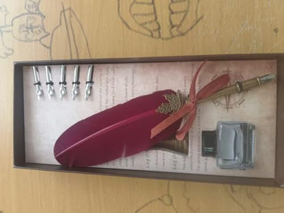 Feather Quill Pen Vintage Feather Dip Pen Set Writing Quill Pen Calligraphy Pen As Christmas Birthday Gift Set (wine red)
