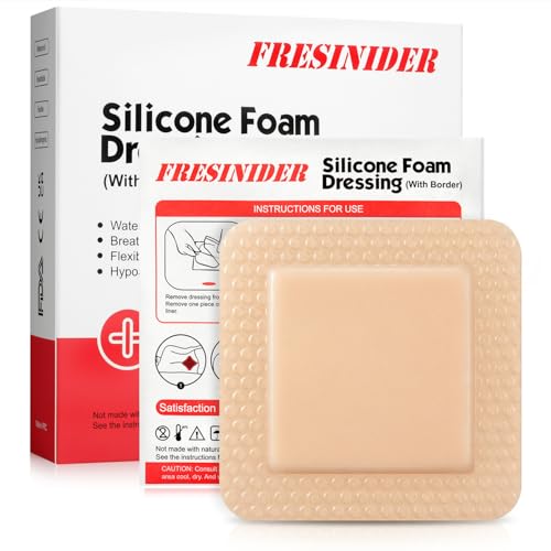 FRESINIDER Silicone Foam Dressing with Adhesive Border – Wound Dressing Bandage – Silicone Foam Pad – Pack of 5 – 4 x 4 Inches Large Waterproof Bandages – Self Adhesive Wound Care and Dressings - size: 4" x 4", 5pack