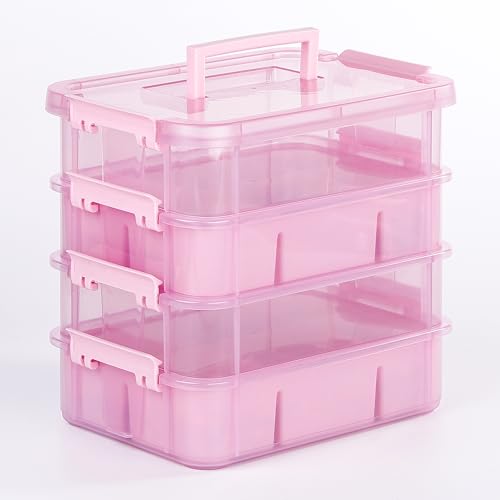 CraftGenes Art Supply Storage Organizer, 4-Tier 10 Qt Box, 2 Trays, Pink | Clear Compartments; Dual Removable Inserts; Carry Handle; Side Latches; Markers, Crayons, Brushes, Jewelry, Accessories - color: Pink