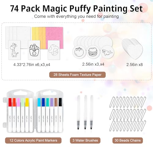 73PCS Magic Puffy Painting Kit, 3D Foam Texture Papers for Beginners | 12 Colors Acrylic Paint Markers, 28 Foam Texture Paper Sheet, Fun Art Supplies
