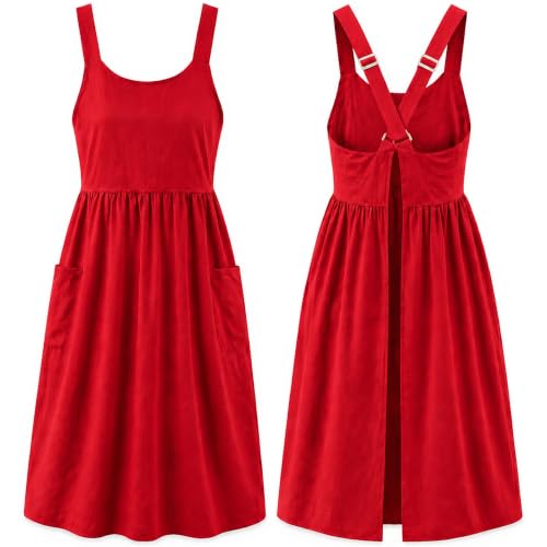 Uaussi Cotton Linen Apron Cross Back Work Apron for Women with Pockets Pinafore Dress X Cross Halter Apron for Chef Gardening - color: Red