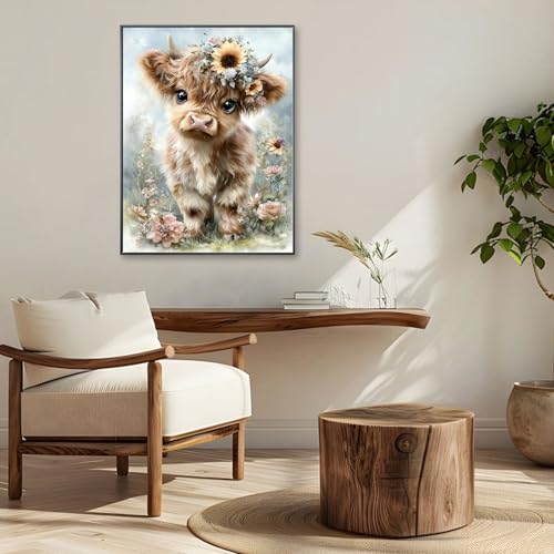 Highland Cow Diamond Art Kits for Adults,Retro Flowers Diamond Painting | Diamond Art Kit for Beginners, 5D DIY Full Drill Diamond Painting Gem Art, Home Wall Art Gifts(12x16 inch) - color: DP03966