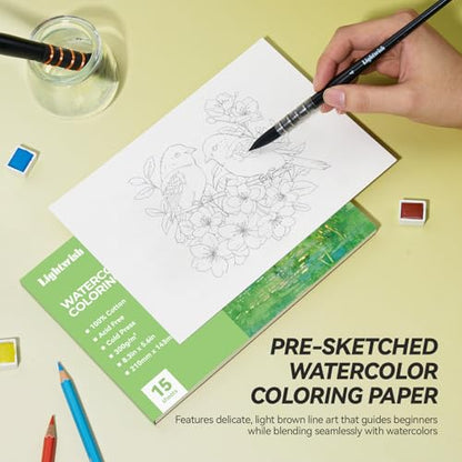 Lightwish Watercolor Coloring Book for Adults & Beginners,100% Cotton 300gsm/140lb Acid-Free Cold Press Paper, 8.3 x 5.6 Inches,15 Sheets,Bird-Themed - color: Bird-Themed