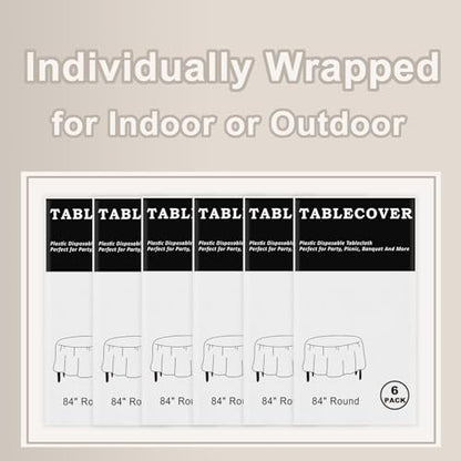D&Z 6 Pack White Disposable Plastic Tablecloth, 84" Round Table Cover - color: White, size: 6 Pack 84" Round
