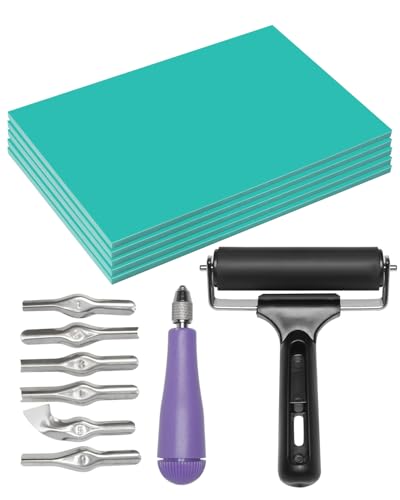 UCEC 5+7 Pack Linocut Wood Carving Tools & Linocut Block Printing Kit – Includes 5 Soft 4" x 6" Linoleum Blocks and Lino Cutting Tools with 6 Blades Universal Size, 4’’ Brayer Roller, Complete Rubber