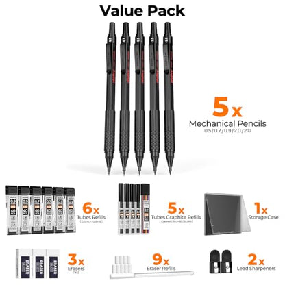 Nicpro 22PCS Art Mechanical Pencil Set， Metal Drawing Sketching With Eraser - color: Black, style: 0.5 0.7 0.9 2.0