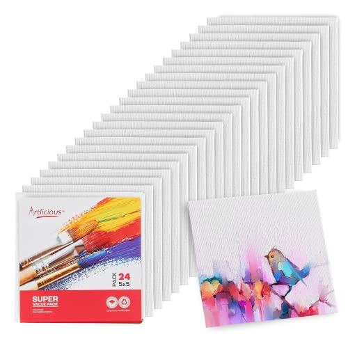 Artlicious Canvases for Painting - Pack of 24, 5 x 5 Inch Blank White Canvas Boards - 100% Cotton Art Panels for Oil, Acrylic & Watercolor Paint - size: 5x5" - 24Pcs