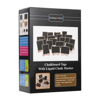 20 Pack Wooden Mini Chalkboard Signs with Easel Stand, 4x3 Inch Small Tabletop Chalkboard for Food Labels, Wedding Place Cards, Party Buffet - Reusable, with Replacement Stickers & Storage Box - color: A: Rectangle Edge Mini Chalkboards
