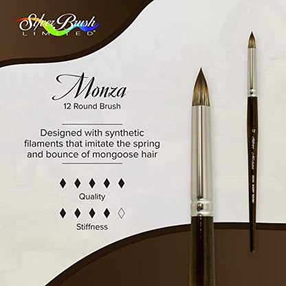 Silver Brush Limited Monza Short Round Oil and Acrylic Paintbrush, Size 12 | Short Handle, Fine Point Stiff Synthetic Mongoose Bristle, Thin and Broad Lines, Superb Paint Absorbency, Tabletop Painting - size: Size 12