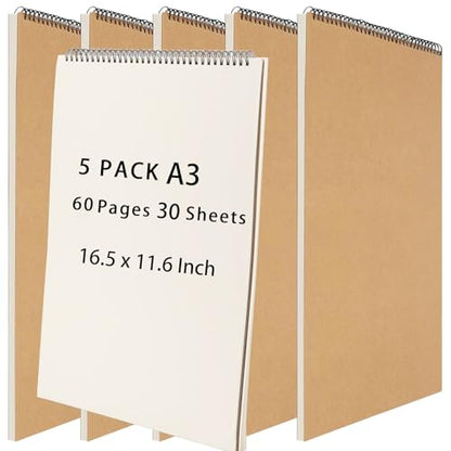 HEIHAK 5 Pack A3 16.5 x 11.6 Inch Sketch Notebooks, 60 Pages 30 Sheets Top Spiral Bound Pocket Sketchbooks, Spiral Notepads Sketch Pads Bulk for Kids Drawing, Sketching, Painting, Writing - size: A3 60 Pages 5 PCS