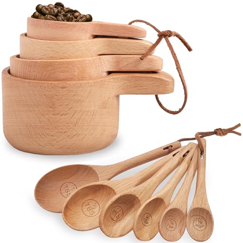 Wooden Measuring Cups and Spoons Set, 10 Piece, Handcrafted | Measuring Cup with Tablespoon Teaspoon Measuring Spoons, For Dry Ingredients, Natural Beech Wood, For Cooking Baking - style: A - 10pcs Measuring cups and spoons