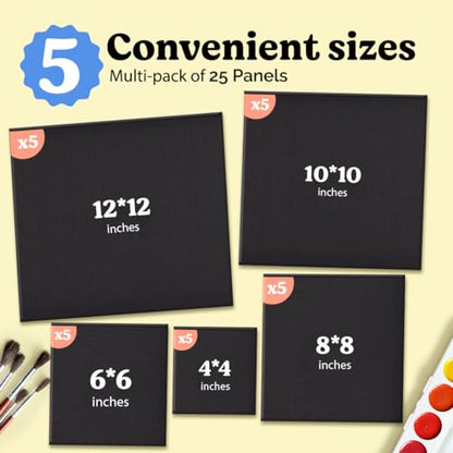 Chalkola 25 Square Black Canvas for Painting - Primed Cotton Art Boards | Panels (25 Pack) 4x4, 6x6, 8x8, 10x10, 12x12 inch (5 Each) - Painting Canvases 100% Cotton, Acid Free for Adults & Artists - size: 25 - 4x4, 6x6, 8x8, 10x10, 12x12, style: Black