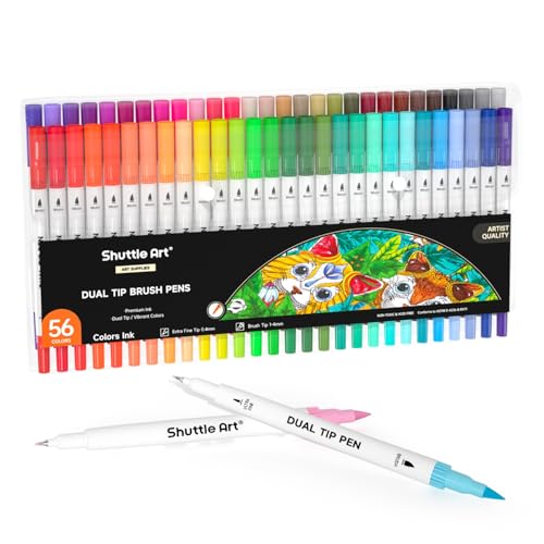Shuttle Art Dual Brush Marker Pens, 56 Colors Water-based Ink, Dual Tip Calligraphy Pens Fineliner and Brush Tip perfect for Kids Adult Artist, Hand Lettering, Journal, Doodling, Writing - color: 56 Colors