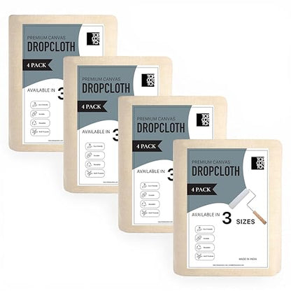 9x12ft Recycled Cotton All Purpose Canvas Tarp Cover Painter Drop Cloth-4Pk | Top Cotton Reusable Paint Drop Cloth,Canvas Tarp Cover for Painter, Furniture, Floor Protection, Painters Dropcloth - size: Pack of 4 - 9*12 Ft