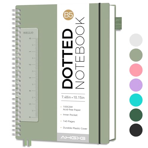 AHGXG Dotted Journal, Grid Spiral Notebook, 140 Pages, B5 (7.6" x 10") | 100 GSM Thick Dot Paper, Waterproof Plastic Cover Journals for Journaling, Sketching (Sage Green) - color: Sage Green, style: B5-Dotted