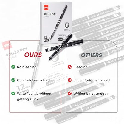 deli Rollerball Pens 0.5 mm Fine Tip Pens, Black Ink Pens 12 Pack