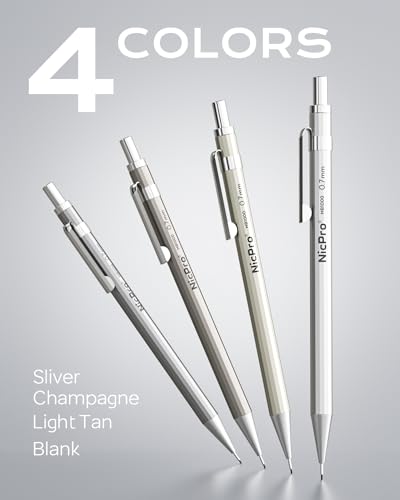 Nicpro 4 Pack Mechanical Pencil 0.7mm, MB1000 Metal Mechanical Pencil Set | 6 Tube HB #2 Lead Refill 0.7 mm, 3PCS 4B Eraser, 9 Cap Eraser, Storage Case for Artist Drafting Writing, Sketching, Drawing - style: 4 Pack （0.7mm）