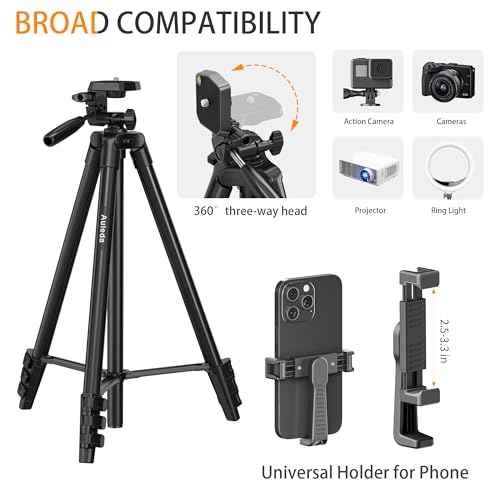 60″ Camera Tripod Lightweight Travel Stand for Canon Nikon Phone | with Wireless Remote Phone Holder and Bag Max Load 6.6 LB Black