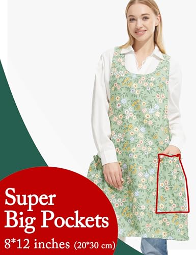 Cozy Adjustable Cross Back Aprons for Women with Pockets Cotton Linen Cooking Kitchen Baking - color: Green Sunflower
