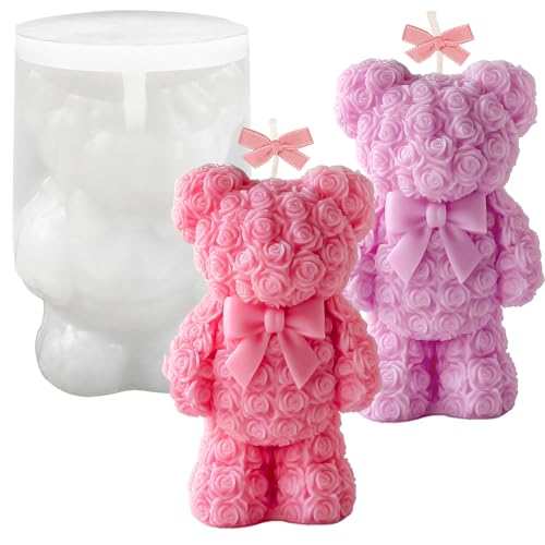 Bear Candle Molds, Standing 3D Rose Flower Bear Casting Molds - color: 1 PCS Rose Bear Candle Molds