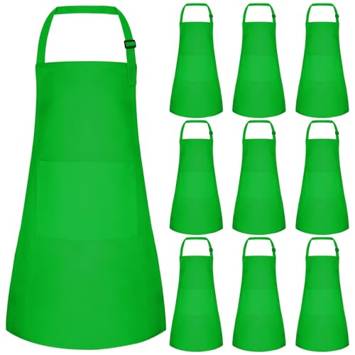 10 Pack Kids Apron Children Apron Adjustable with 2 Pockets Kids Chef Painting Aprons for Cooking Baking Painting Crafts Making (Green) - color: Green
