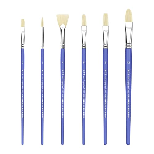 XDT#266 Filbert Artist Paint Brush 6 Piece Set Medium Stiff Hog Bristle Extra Long Handle #0#2#4#6#8#12, Acrylic Oil Watercolor - color: Blue