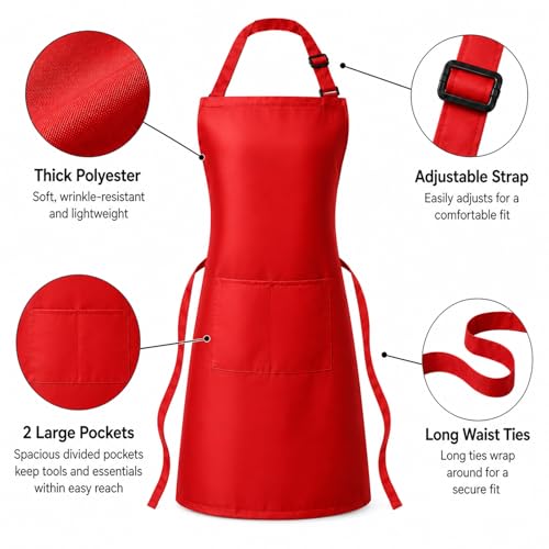 Tosewever Chef Apron Hat Set for Women and Men, Adjustable Bib Apron with 2 Pockets Costume Apron for Father Kitchen Cooking - color: Red