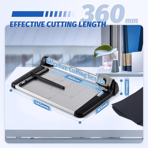 Rotary Paper Trimmer, 15 Sheets Heavy Duty Paper Trimmer, 360mm(14.17") Cutting Length, Commercial Grade Rotary Paper Cutter for Home/Office/School, Black & Silver | Sharp & Safe Blade, Effective for A4-A6 Size, Commercial Grade Rotary Paper Cutter for Ho