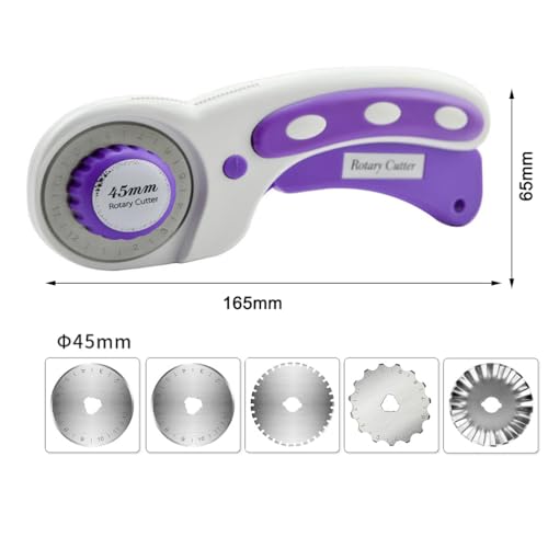 Rotary Cutter For Fabric, 6 Pack 45mm Fabric Cutter with 5 pieces Extra Blades,Ergonomic Handle Rolling Cutter for Fabric, Leather, Crafting, Sewing, Quilting, Fabric Rotary Cutter (Purple) - color: Purple
