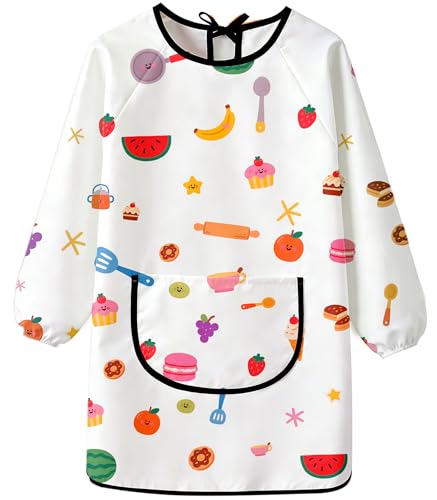 MINIQ Kids Art Smock,Waterproof Painting Apron Artist Smocks with Pocket Long Sleeves - color: Pink Kitchen Fun, size: XXXL for Age 8-14