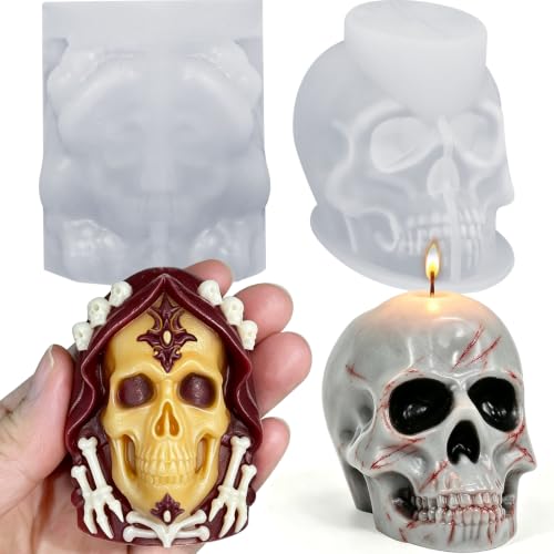 Skull Candle Mold Silicone, 2 Pack Style Halloween Skull Head Molds | 3D Skull Silicone Molds for DIY Aromatherapy Candles, Epoxy Resin Casting, Soap, Gypsum, Home Decor Handmade Crafts Gifts - color: 2Pack 3D Skull Casting Molds