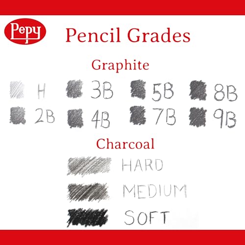 Pepy Sketching and Drawing Set in Wood Carrying Box: 3 Charcoal Pencils, 8 Graphite Pencils, Sharpener, Eraser, and Set of 6 Blending Stumps