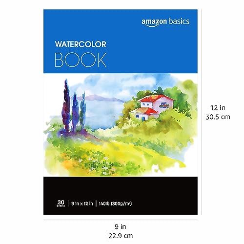 Amazon Basics Watercolor Pad for Beginners, Artists, Adults and Students, Cold Press Textured Surface, 9"x12", 140 lb / 300 gsm, 30 Sheets, White