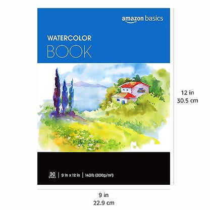 Amazon Basics Watercolor Pad for Beginners, Artists, Adults and Students, Cold Press Textured Surface, 9"x12", 140 lb / 300 gsm, 30 Sheets, White