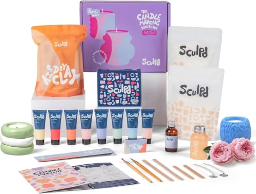 Sculpd Candle Making Kit, 2 Candles, Peony Rose Fragrance, Pastel Tones | Air dry clay kit with acrylic paint, non-toxic eco soy wax, candle glaze, tools & guide, for adults - color: Peony Rose with Pastel Tones, size: 2 Candles