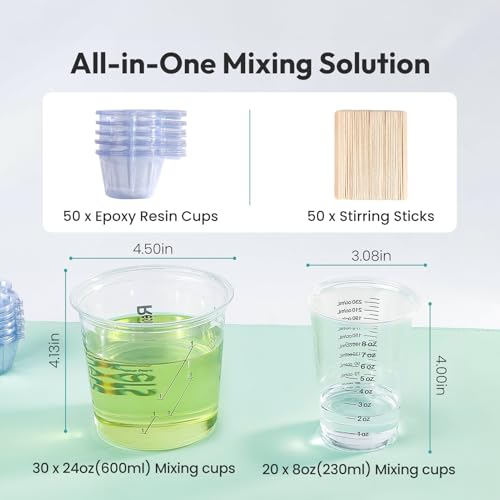 Resiners Epoxy Measuring Cups, 50PCS Resin Mixing Cups Set with Sticks | 30 x 24oz & 20 x 8oz cups with Clear oz/ml Markings, 50 Mixing Cups and 50 Stir Sticks for Accurate Epoxy Resin & DIY Mixing