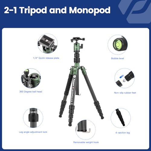 Fotopro 60" Carbon Fiber Camera Travel Tripod, 2lbs Super Lightweight Compact Tripod with 360° Metal Ball Head, Detachable Monopod, with Arca QR Plate & Bag, Load up to 8KG/17.63lbs, for SLR DSLR - color: Green, size: 62" Basic (Carbon Fiber)