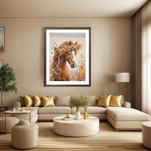 PINFFSHU 5D Diamond Painting Kits for Adults Beginners - Beautiful Horse with Floral Crown，Full Drill DIY Sparkling Gem Art Craft with Tools, Home Wall Decor, Unique Gifts for Women, 12x16 Inch - color: Brown, orange, blue, white, yellow