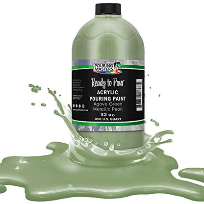 Pouring Masters Agave Green Metallic Pearl Ready to Pour Acrylic Pouring Paint - Premium 32-Ounce Pre-Mixed Fluid Acrylic Paint - Fluid Art Supplies for Canvas, Wood, Paper, Tile & Rocks | Ready to Pour, Premium Pre-Mixed Fluid Acrylic Paint - Fluid Art S