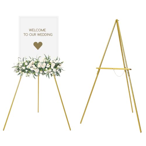 MEEDEN Wooden Easel Stand for Display: Gold Wood Tripod for Poster Board | Wedding Decor Holder for Paintings Welcome Sign Pictures - color: Gold
