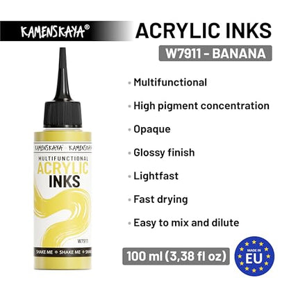 Acrylic Inks for Artists - 'Banana' Acrylic Ink, 3.38 Fl Oz (100 ml) | Highly Concentrated, Multifunctional Liquid Acrylic Paint - color: Banana