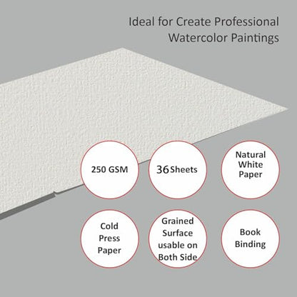 Creo Crafts 100% Cotton Watercolor Paper A4 (8.3 x 11.7 in) - 36 Sheets, 250 GSM Cold Pressed, Gelatin Sized, Acid-Free Natural White Artist Paper for Watercolour & Gouache - size: A4