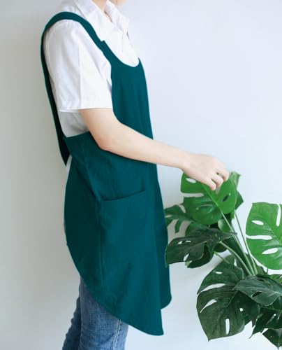 NEWGEM Japanese Cotton Linen Cross Back Cooking Apron for Women Men with Pockets Cute for Baking Kitchen - color: 07 - Women's Dark Green