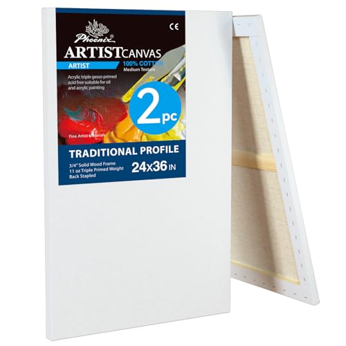 PHOENIX 24x36 Inch 2 Pack Artist Canvas - Extra Large Stretched Canvases for Painting - 3/4 Inch Profile, 100% Cotton 11 Oz. Gesso Primed White Blank Professional Canvas Oil & Acrylic Paints - size: 24"x36", style: Traditional