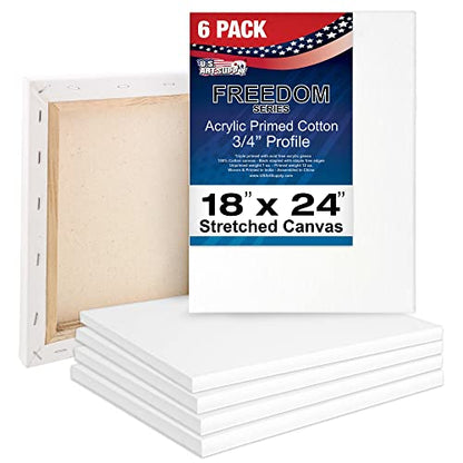 U.S. Art Supply 18"x24" Stretched Canvas for Painting, 3/4" Profile, 6-Pack | 12oz Triple Primed, 100% Cotton, Professional Artist Quality White Blank, Heavy-Weight Gesso - Acrylic Pouring, Oil - size: 18" x 24"