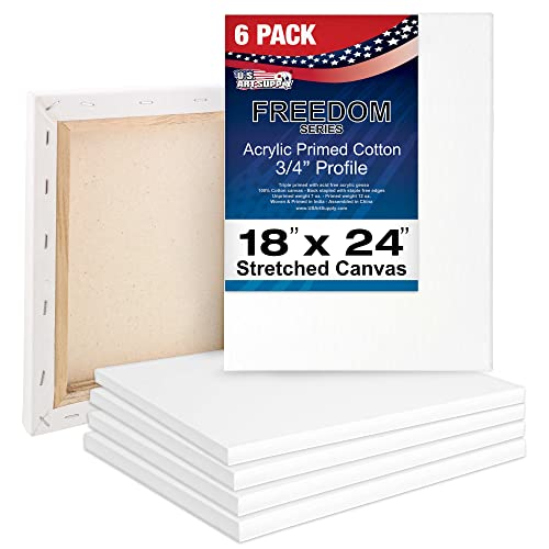 U.S. Art Supply 18"x24" Stretched Canvas for Painting, 3/4" Profile, 6-Pack | 12oz Triple Primed, 100% Cotton, Professional Artist Quality White Blank, Heavy-Weight Gesso - Acrylic Pouring, Oil - size: 18" x 24"