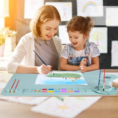 Silicone Craft Mat, 20"x 16"Painting mat Palette for Resin Casting Mold Mat, Nonstick Craft Sheet with Removable Cleaning Water Cup for Painting, Clay, Art, DIY Projects (Blue) - color: Blue
