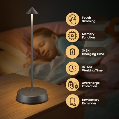 Cordless Table Lamps Rechargeable, 6000mAh LED Battery Operated Desk Lamp, Portable Outdoor Waterproof Touch Stepless Dimmable Wireless Table Light for Dining Restaurant Home Patio (Grey-1PC) - color: Grey-1PC
