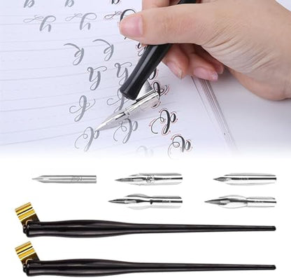 Flylin 2PCS Oblique Calligraphy Pen, 2-in-1 Drawing Pen Holder | Calligraphy writing tool, Dual use paint sketch pen, Removable Multi-Fit Brass Flange, 6.5 Inch Plastic Dip Pen Holder