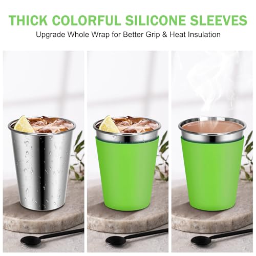 Kids Drinking Cups, Stainless Steel Tumbler Cups with Lids and Straws | Set of 2 Spill Proof Cups for Kids, Durable Water Tumbler with Colorful Easy-Grip Silicone Sleeves (Green & Yellow) - color: Green/Yellow